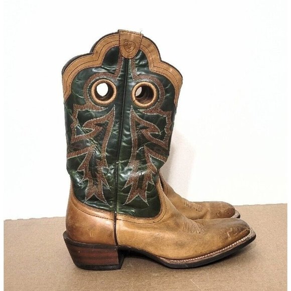 Ariat Brown Green Leather Cowboy Western Boots Mens Size 10.5 Square Toe Rodeo - Picture 4 of 10